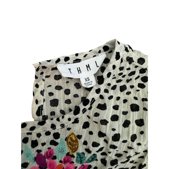 THML Polkadot Floral Embroidered Babydoll Top Blouse Sheer Ruffle Boho Size XS - Picture 5 of 7